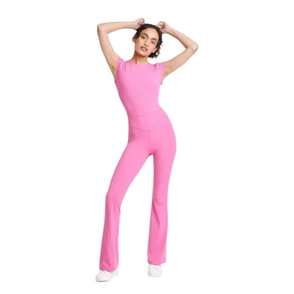 JoyLab Women's Knit Low Back Flare Active Bodysuit Pink sz Large